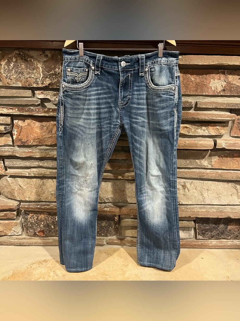 Rock Revival Ben Straight Leg Distressed Blue Washed Jeans
